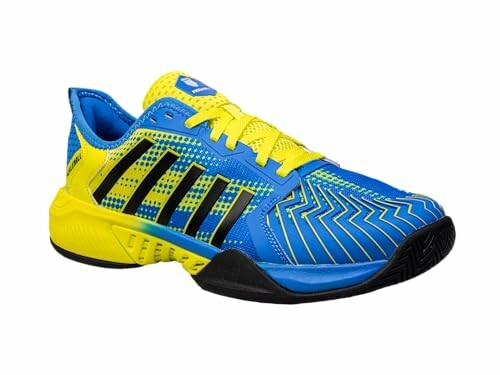 Blue and yellow sports shoe with black accents.