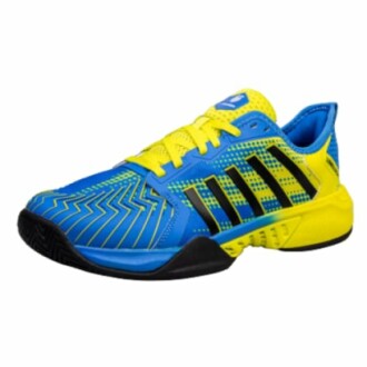 Blue and yellow sports shoe with black accents.