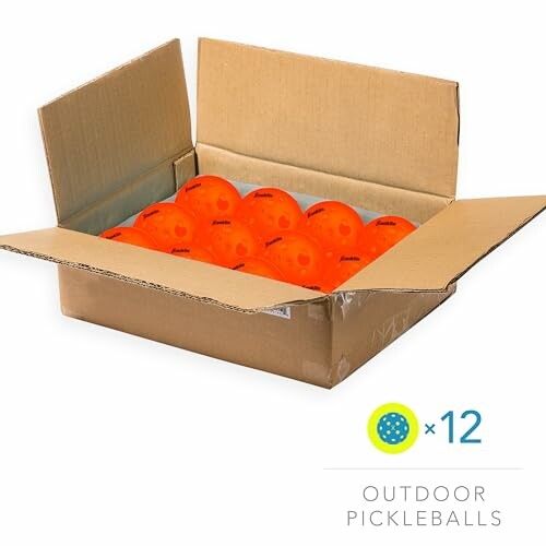 Open box containing twelve orange pickleballs.