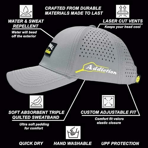 Grey cap with features: water repellent, laser cut vents, adjustable fit, sweatband, quick dry, hand washable, UPF protection.