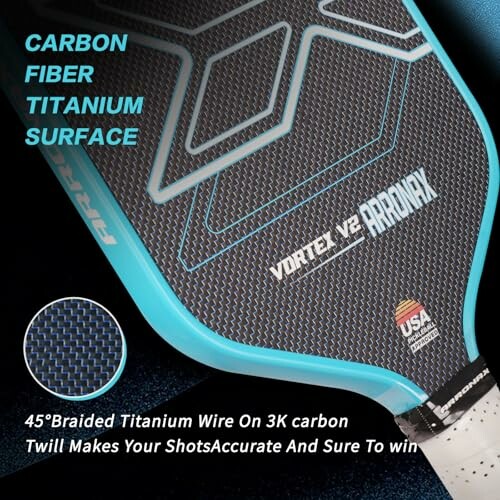 Carbon fiber titanium surface paddle with branding and description.