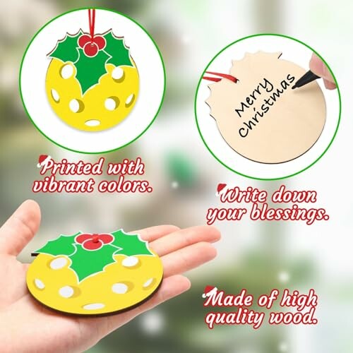 Christmas ornament tag with holly design and 'Merry Christmas' text.