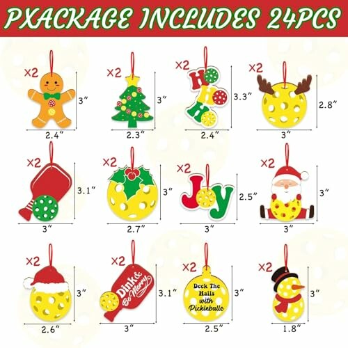 Christmas pickleball themed ornaments, set of 24 pieces