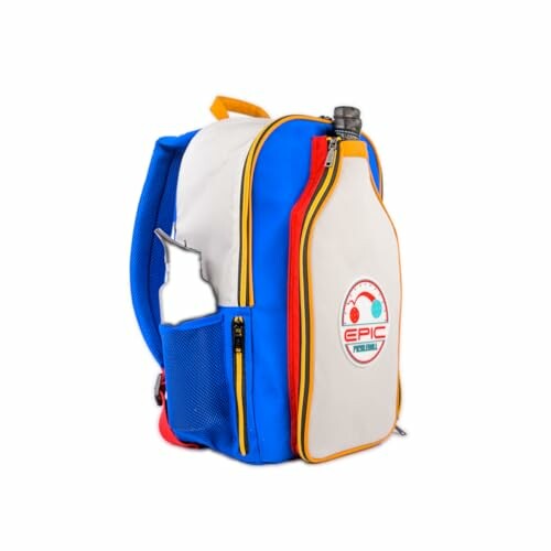 Colorful backpack with a water bottle in side pocket.