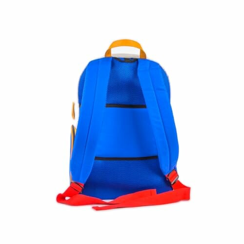 Back view of a colorful backpack with blue, red, and yellow straps.