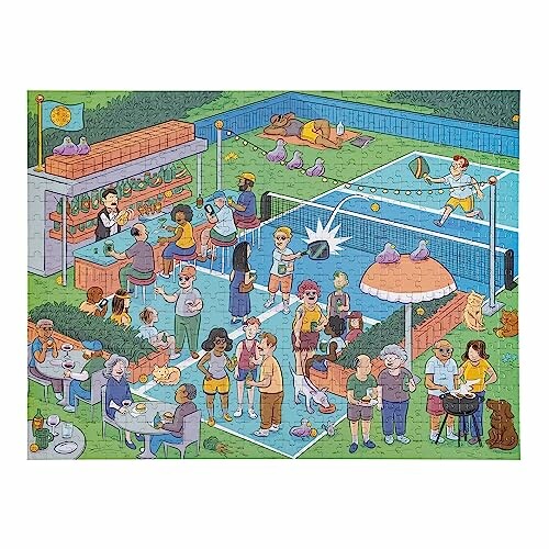 Colorful illustration of a lively poolside party with diverse people engaging in various activities.