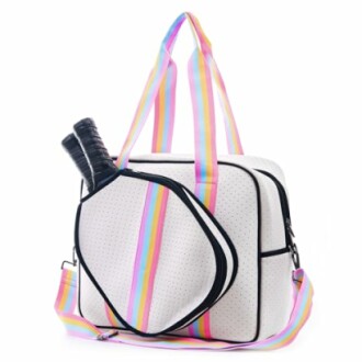 White tennis bag with colorful striped handles and a racket pocket.