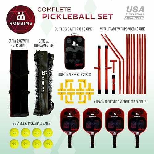 Complete pickleball set with paddles, balls, net, and accessories.