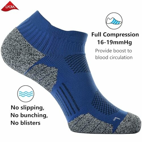 Blue and gray compression sock with benefits and Lycra logo.