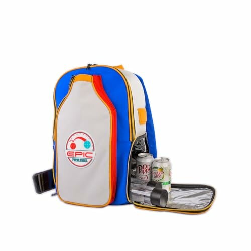 Colorful cooler backpack with soda cans in pocket