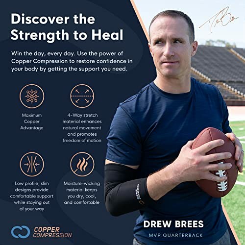 Athlete promoting Copper Compression support gear with product benefits.