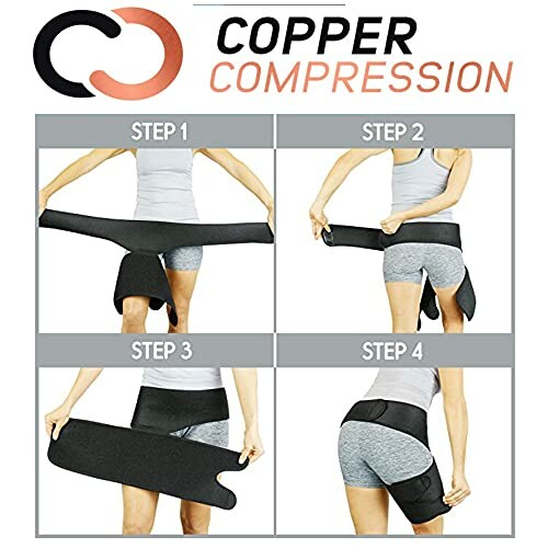 Person demonstrating how to wear a Copper Compression hip wrap in four steps.