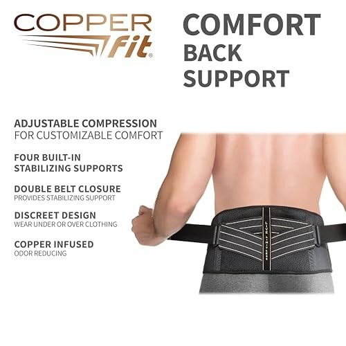 Copper Fit comfort back support with adjustable compression and copper infusion.