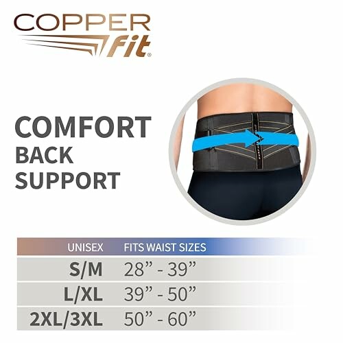 Copper Fit back support with size chart and waist measurement.