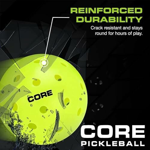 Core pickleball with reinforced durability and crack resistance.