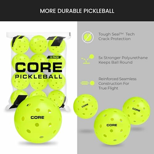 Core Pickleball set with yellow balls and features listed