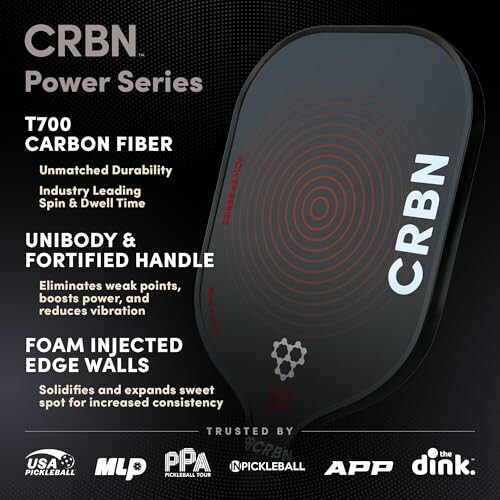 CRBN Power Series pickleball paddle with T700 carbon fiber and fortified handle