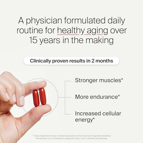 Hand holding two red capsules with text promoting healthy aging benefits.