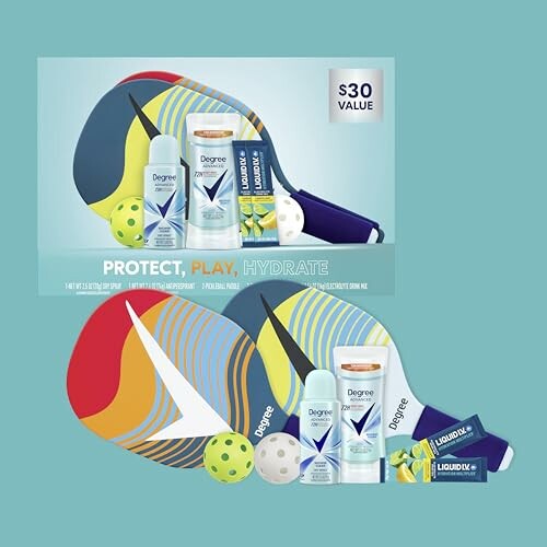 Degree Protect Play Hydrate set with deodorant, pickleball paddles, and balls.