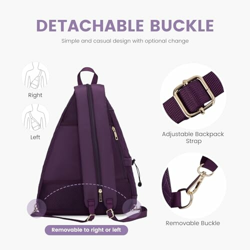 Purple backpack with detachable buckle and adjustable strap.