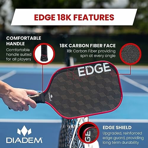 Diadem Edge 18K pickleball paddle features: comfortable handle, 18K carbon fiber face, edge shield.