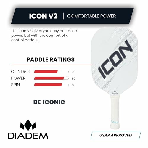 Diadem Icon V2 paddle with control, power, spin ratings.