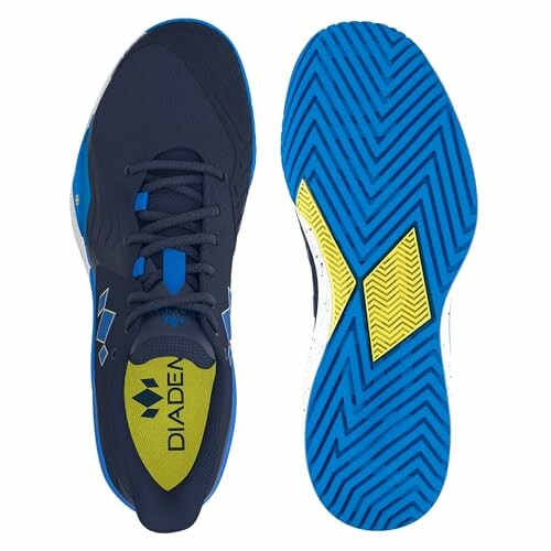 Top and sole view of Diadem tennis shoes in black and blue.