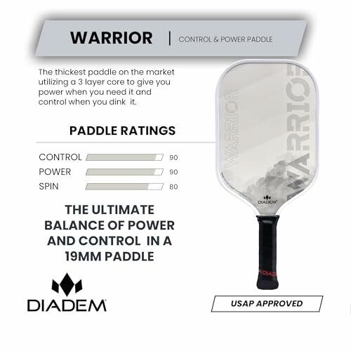 Diadem Warrior paddle with control and power ratings