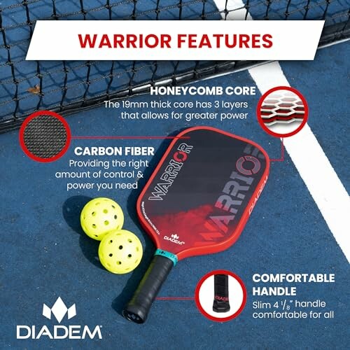 Diadem Warrior pickleball paddle with honeycomb core, carbon fiber, and comfortable handle.