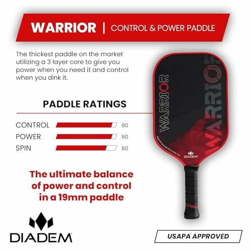 Diadem Warrior pickleball paddle with control and power ratings.