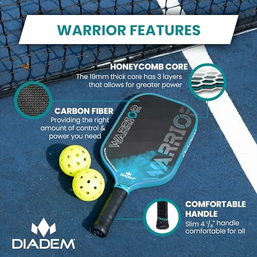 Diadem Warrior pickleball paddle with honeycomb core, carbon fiber, and a comfortable handle