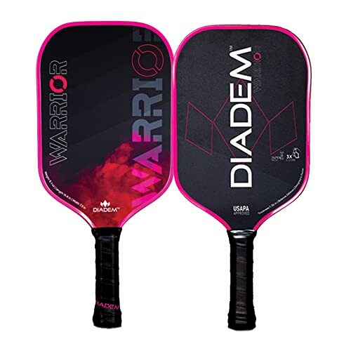 Front and back view of Diadem Warrior pickleball paddle with black and pink design.