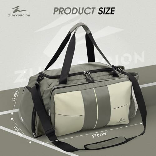 Gray and beige duffel bag with dimensions.