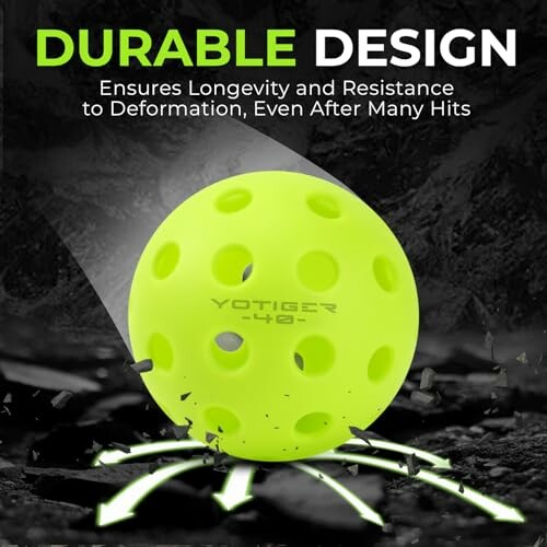 Yellow perforated ball with text 'Durable Design'.