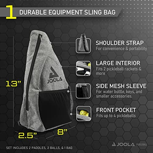 Infographic of a durable equipment sling bag with features highlighted.