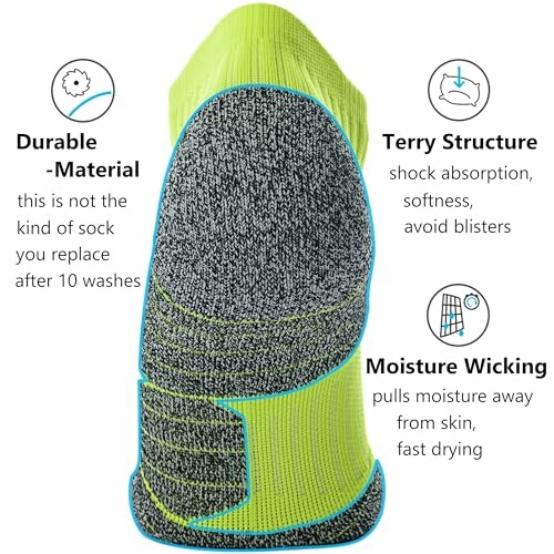 Sock with durable material, terry structure, and moisture wicking features.