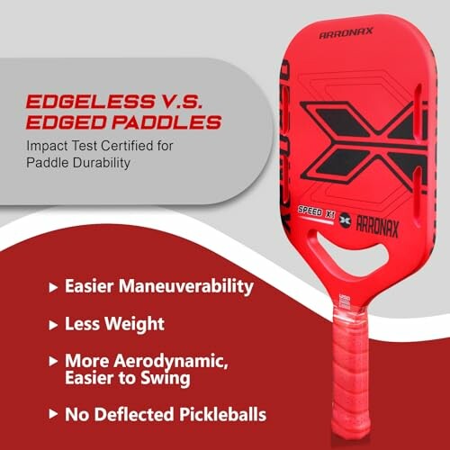 Red edgeless paddle with benefits listed: easier maneuverability, less weight, aerodynamic design, no deflected pickleballs.