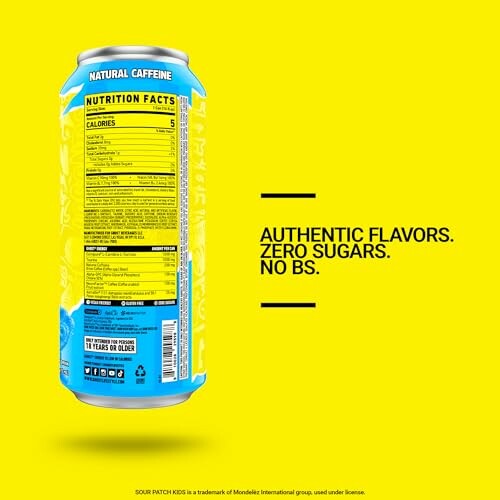 Energy drink can with nutritional facts on yellow background.