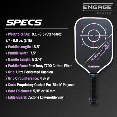 Pickleball paddle specifications including weight, length, and materials.