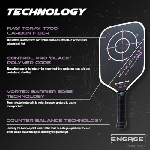 Engage pickleball paddle with technology features highlighted.