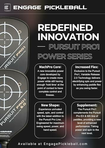 Engage Pickleball Pursuit Pro1 Power Series features and benefits.