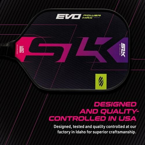 EVO pickleball paddle with design and quality control text.