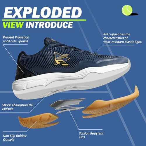 Exploded view of a sports shoe highlighting features like KPU upper, shock absorption midsole, and non-slip rubber outsole.