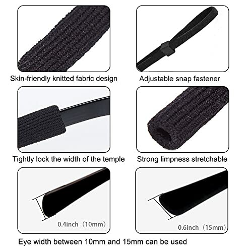 Details and features of an adjustable eyeglass strap.