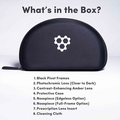 Contents of an eyewear box with listed items and a protective case.