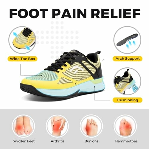 Shoe with features for foot pain relief including wide toe box, arch support, cushioning, and benefits for conditions like swollen feet, arthritis, bunions, and hammertoes.