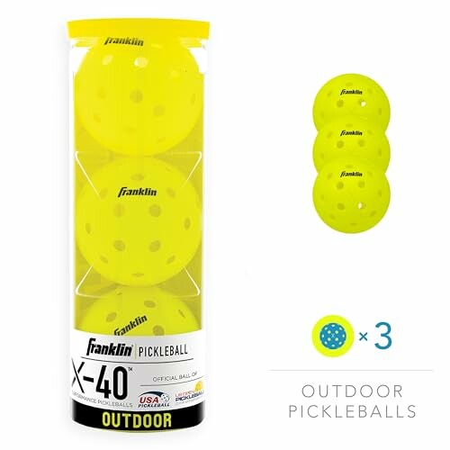 Franklin X-40 outdoor pickleballs in packaging with three balls displayed.