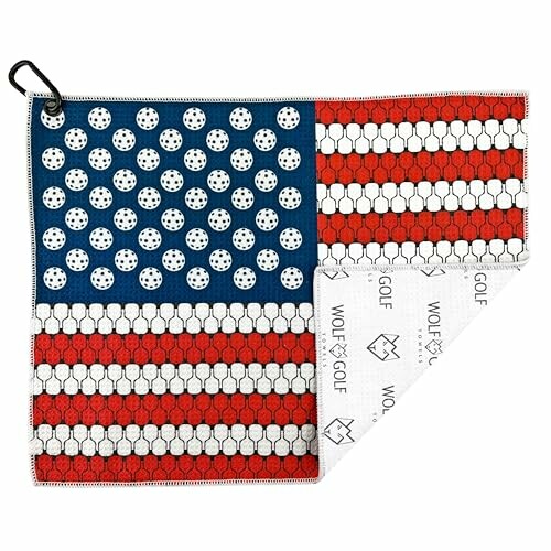 Golf towel featuring USA flag pattern with golf ball designs.