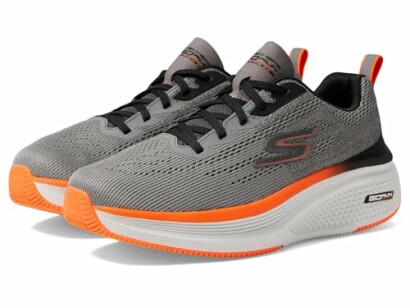 Gray and orange athletic sneakers with logo