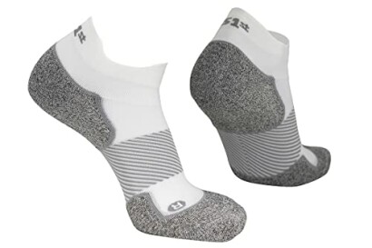 Gray and white ankle socks with textured soles.